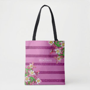 Bolso De Tela Bandas y flores rosadas personalizadas