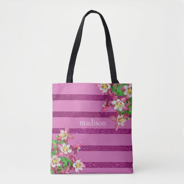 Bolso De Tela Bandas y flores rosadas personalizadas (Anverso)