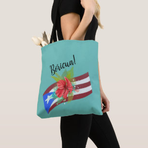 Bolso De Tela Bandera de Puerto Rico con flor de maga boricua