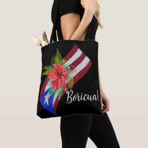Bolso De Tela Bandera de Puerto Rico con flor de maga boricua