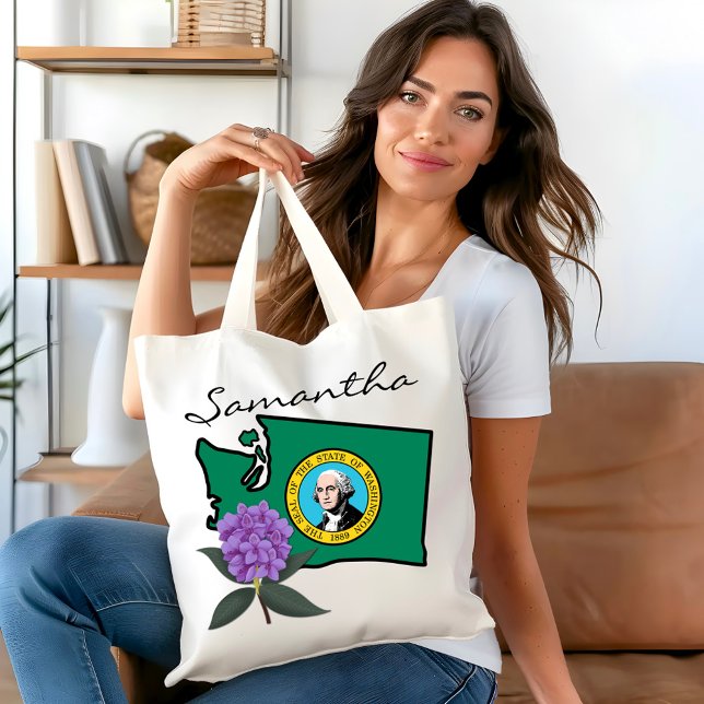 Bolso De Tela Bandera de Washington y Flor Pacífico Rododendros (Subido por el creador)