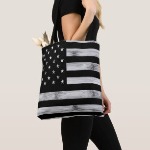 Bolso De Tela Bandera estadounidense Rustic Wood Black White Pat