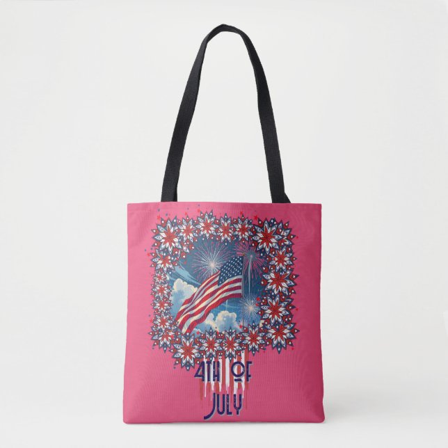 Bolso De Tela Bandera Patriótica Americana con fuegos artificial (Anverso)