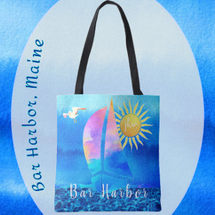 Bolso De Tela Bar Harbour Maine Watercolor Sailboat con Iniciale
