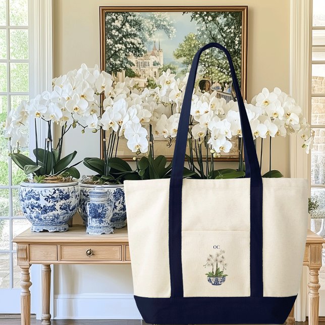 Bolso De Tela Barco de barro de contraste chino con orquídea bla (White orchid chinoiserie contrast trim boat tote bag with custom initials or name)