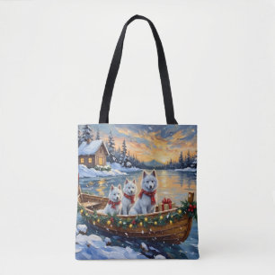 Bolso De Tela Barco de Navidad de Samoyedo Blanco Fiesta