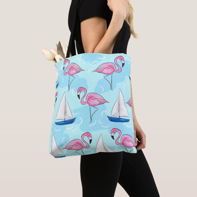 Bolso De Tela Barco de vela azul Preppy Pink Flamingo (Detalle)