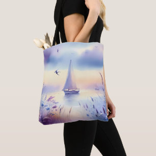 Bolso De Tela Barco de vela pastel paisaje costero de ensueño