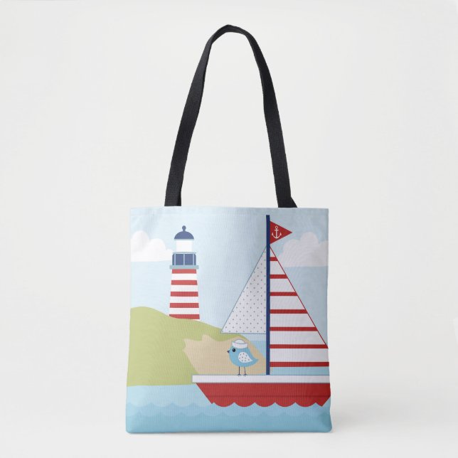 Bolso De Tela Barco de vela roja y faro (Anverso)