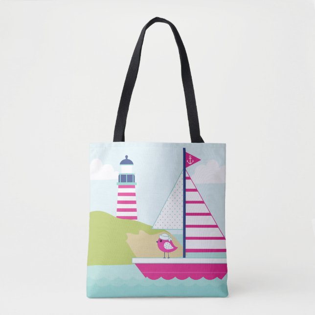 Bolso De Tela Barco de vela rosada y faro (Anverso)