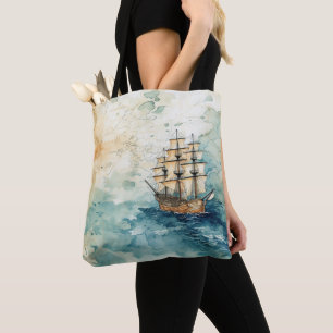Bolso De Tela Barco de vela vintage tema náutico mapa antiguo