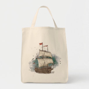 Bolso De Tela Barco Dibujado A Mano En Ola De Barras Sobre Fondo