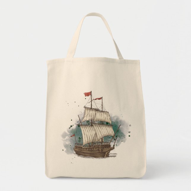 Bolso De Tela Barco Dibujado A Mano En Ola De Barras Sobre Fondo (Frente)