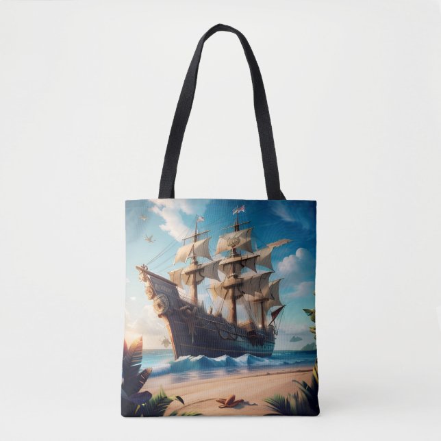 Bolso De Tela Barco pirata de playa tropical (Anverso)