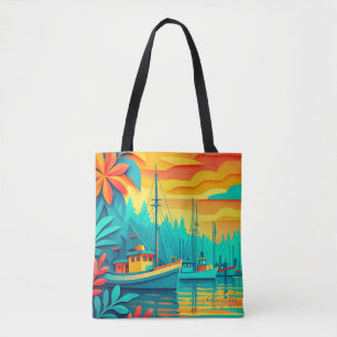 Bolso De Tela Barcos de Pesca en Puesta de Sol Tropical