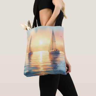 BOLSO DE TELA BARCOS DE VELA BONITOS AL ATARDECER EN AGUAS TRANQ