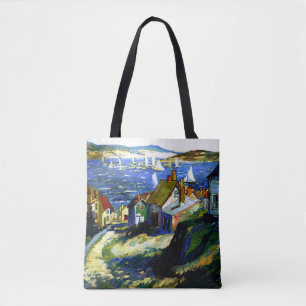 Bolso De Tela Barcos de vela cerca del puerto, bellas pinturas d