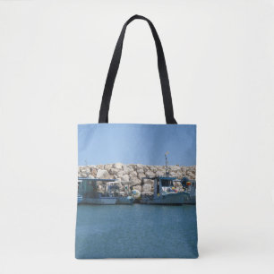 Bolso De Tela Barcos pesqueros mediterráneos en diseño de mar az