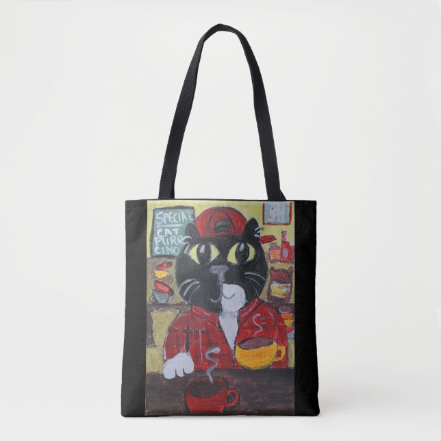Bolso De Tela Barista Cat Folk Art Character Coffee Fun (Anverso)