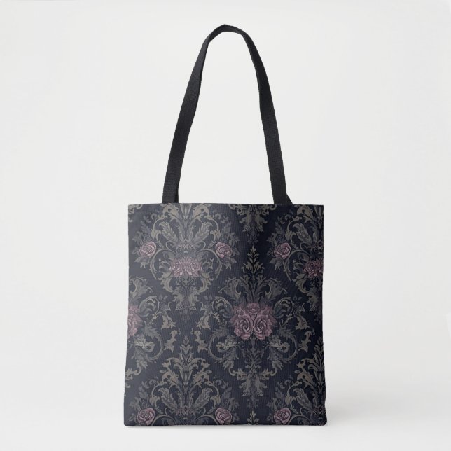 Bolso De Tela Baroque Rose Moth Tote – Gothic Floral Damask Bag (Anverso)