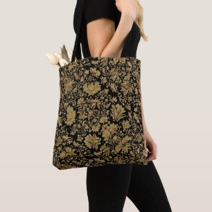 Bolso De Tela Barroco Floral Dorado sobre Negro