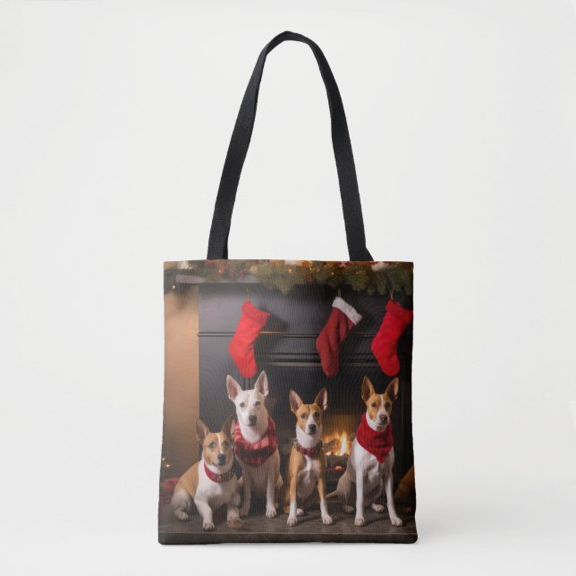 Bolso De Tela Basenji junto a la chimenea Navidad (Anverso)