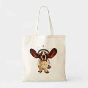 Bolso De Tela Basset Hound con los auriculares, arte pop, tote