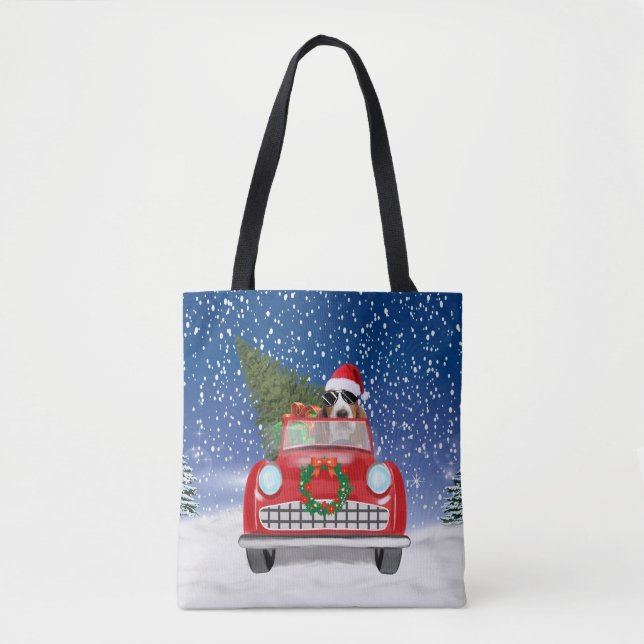 Bolso De Tela Basset Hound Dog Driving Car In Snow Christmas  (Anverso)