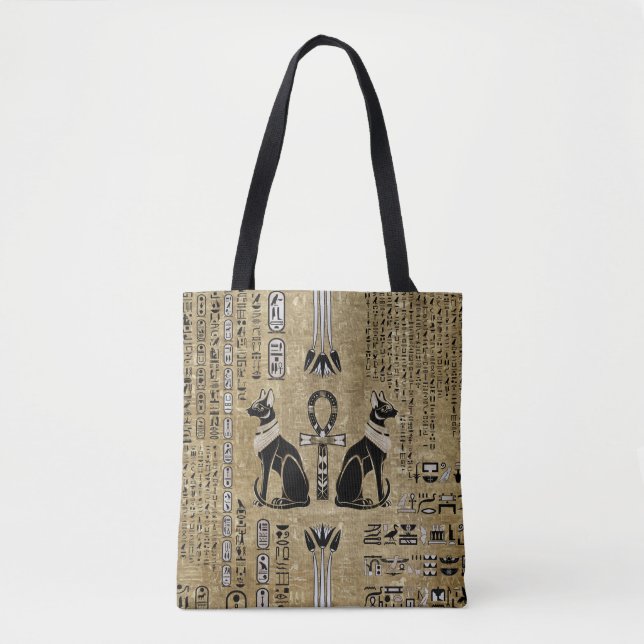 Bolso De Tela Bastet - Gatos Egipcios Y Cruz Del Ankh (Anverso)