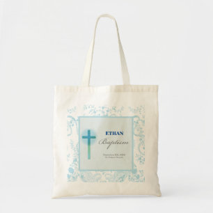 Bolso De Tela Bautismo azul del muchacho del cordón