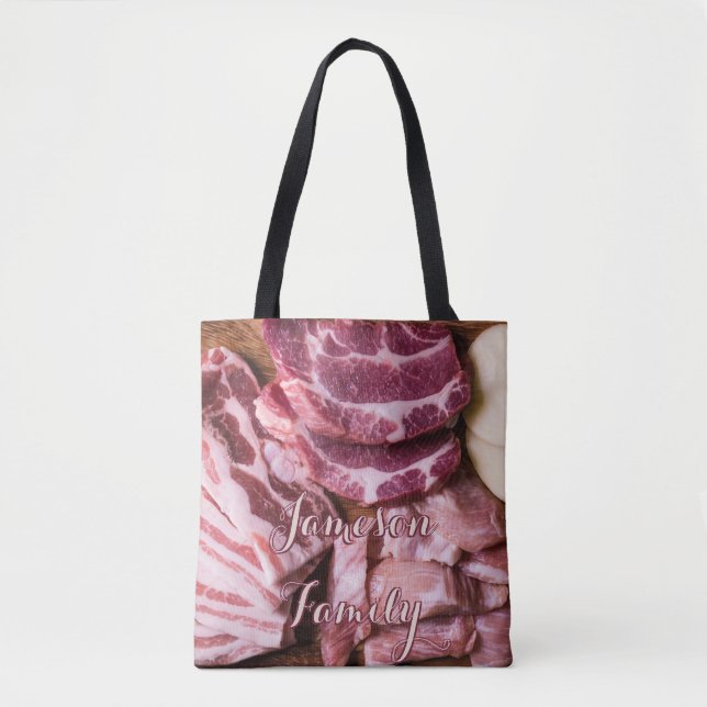 Bolso De Tela BBQ Tote Bag Familia carne cruda Alimento (Anverso)