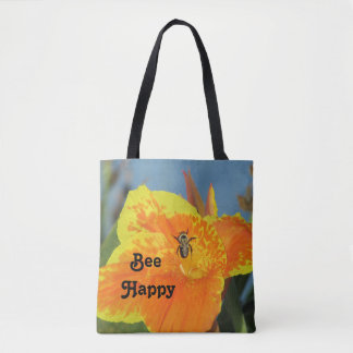 Bolso De Tela Be Happy Bee Pun Naranja brillante Flor Flor Flora