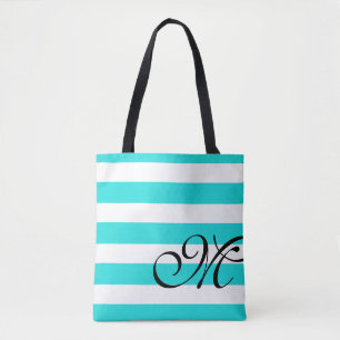 Bolso De Tela Beach Blue Aqua & White Stripes Monograma Toag Bag