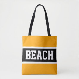 Bolso De Tela BEACH Texto negrita Rayas blancas amarillas brilla