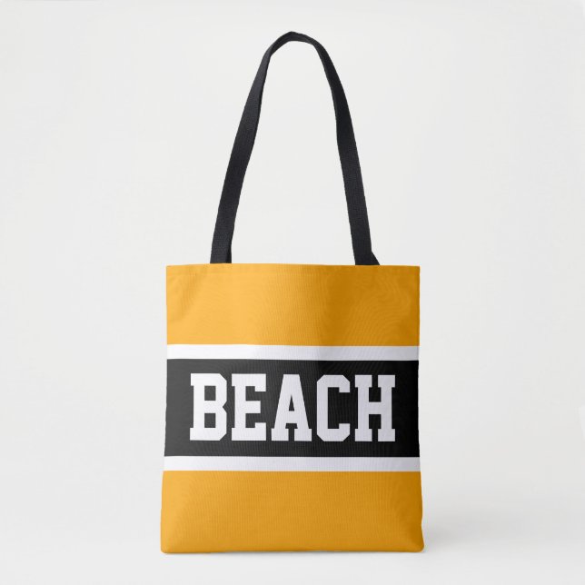 Bolso De Tela BEACH Texto negrita Rayas blancas amarillas brilla (Anverso)