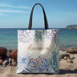 Bolso De Tela Beach Watercolor Ocean Life Personalizado