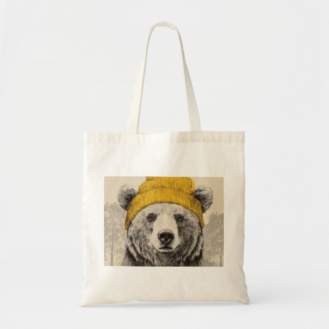 Bolso De Tela Bear in Yellow Beanie Rustic Woodland Animal  (Frente)