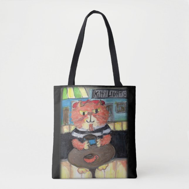 Bolso De Tela Beat Poet Coffeehouse Cat Folk Art (Anverso)