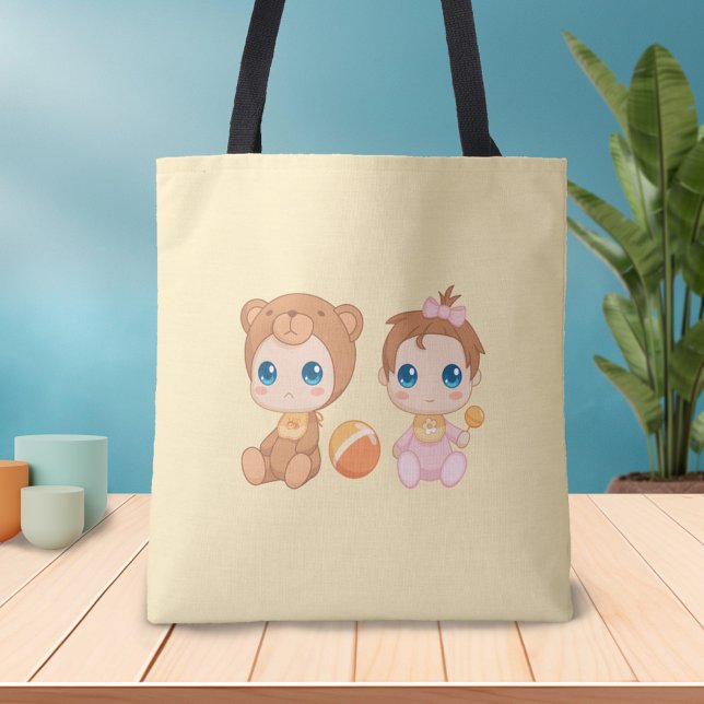 Bolso De Tela Bebé chica gemela con traje de rompecabezas en ama (Subido por el creador)