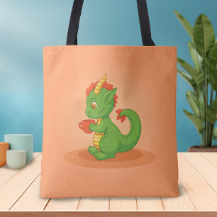 Bolso De Tela Bebé dragón lindo sosteniendo taza sobre naranja