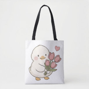 Bolso De Tela Bebé Pato Adorable Sosteniendo Ramo de Tulipanes E
