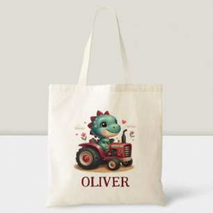 Bolso De Tela Bebé Trex Dinosaurio Cute Conduciendo Tractor Rojo