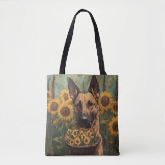 Bolso De Tela Belgian Malinois with a Basket of Sunflowers