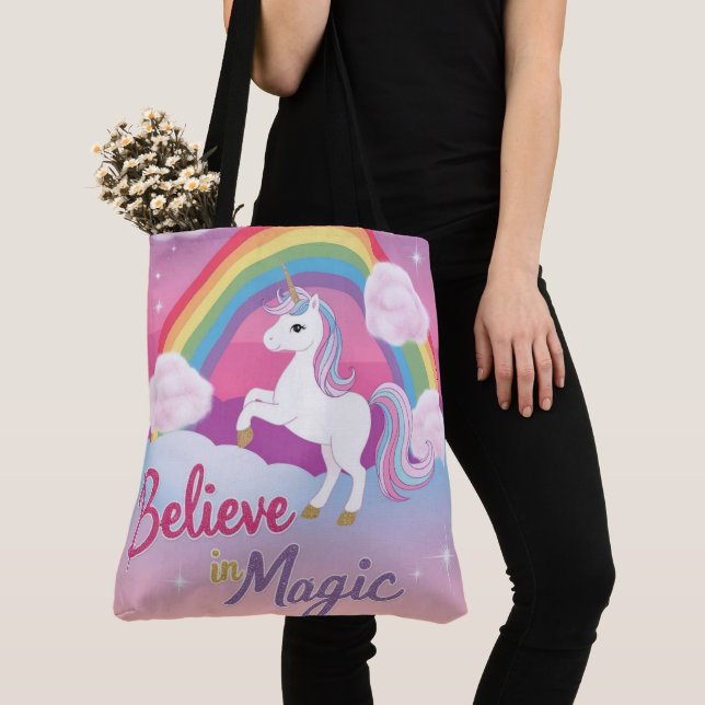 Bolso De Tela Believe in Magic with Unicorn and Rainbow (Detalle)