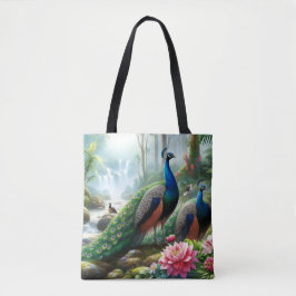 Bolso De Tela Bella Totebag Azul Turquesa con Flores de Pavo Rea