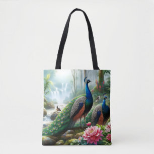 Bolso De Tela Bella Totebag Azul Turquesa con Flores de Pavo Rea