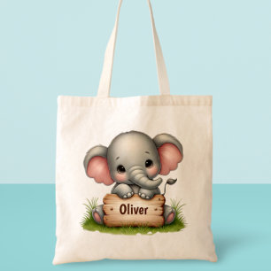 Bolso De Tela Bello elefante bebé sosteniendo un letrero con un 