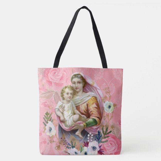 Bolso De Tela Bendita Virgen María Cruz Religiosa Jesús (Anverso)