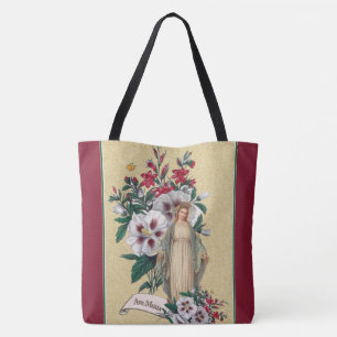 Bolso De Tela Bendita Virgen María Religiosa Ave Floral María