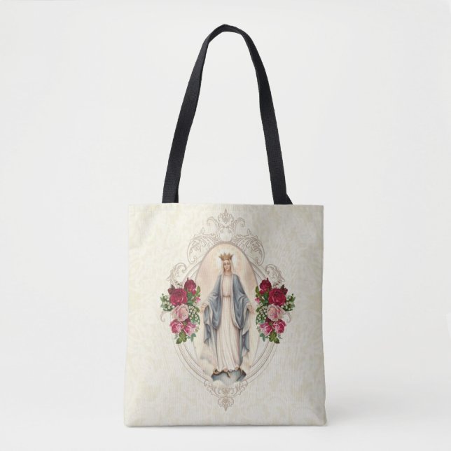 Bolso De Tela Bendita Virgen María Rosas Religiosa Católica (Anverso)